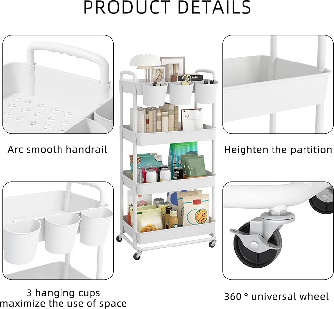 4-Tier Plastic Rolling Storage Cart Utility Cart White | Utility Cart with Extra Hanging Cups Arc-Shaped Handles Lockable Wheels for Living Room Bathroom Kitchen Office