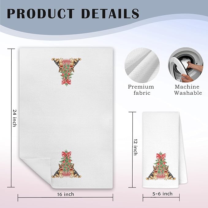 Red Chinoiserie Christmas German Shepherd Kitchen Towels, German Shepherd Gifts Dish Tea Towels for Kitchen Decor, Grandmillennial Bow Xmas Tree Dog Hand Towel for Bathroom Decor, 16x24 Inch