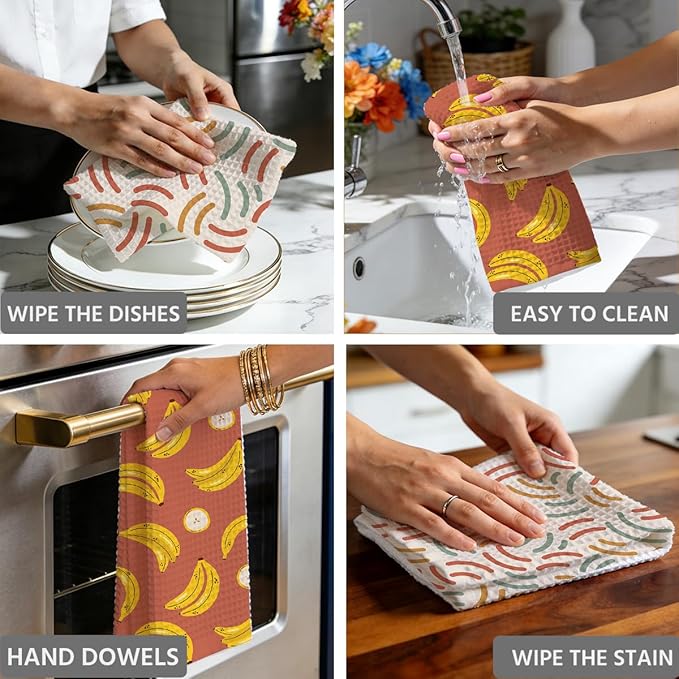 Banana Waffle Weave Kitchen Towels Set, Quick Dry Multipurpose Hand Towels for Bathroom, Absorbent Reusable Cloth Tea Dish Towels for Home Decor, Banana Lover Gift Towel Set of 2