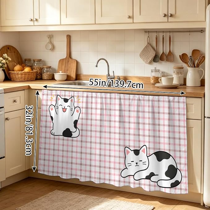Cute Cat Sink Skirt for Bathroom, Self-Adhesive Under Sink Curtain, Pink Brown Checked Modern Pet Cats Rustic Hide Pipes & Storage Fabric Cabinet Skirt Cover for Kitchen Laundry 32"x55"