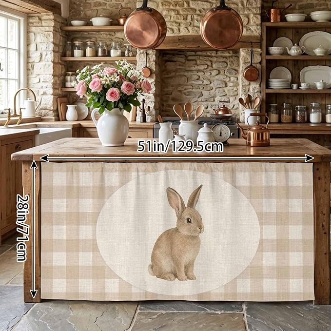 Rabbit Plaid Cabinet Curtains 28"x51" Sink Skirt for Bathroom Kitchen, Rustic Farmhouse Checkered Retro Animal Self Stick Adhesive Under Desk Covers Tall Laundry Cabinet Storage Organizer