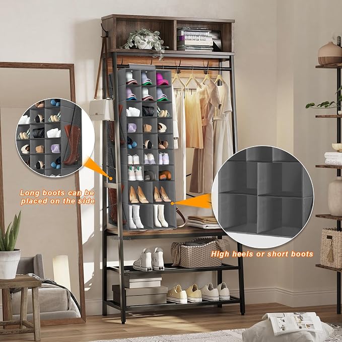 Hanging Shoe Organizer for Closet, Closet Hanging Shoe Storage Rack Holder Shelves,Collapsible Shoe Closet Organizers and Storage with 4 Large Side Pockets,25 Sections for Shoes,Hats,Clothes(Gray)