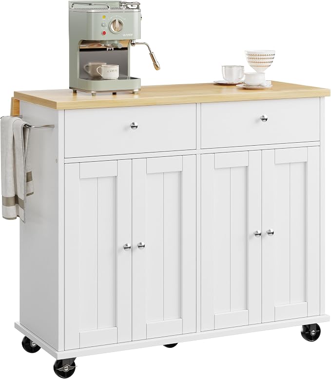 JY QAQA 39" Rolling Kitchen Island Cart on Wheels, Mobile Storage Cabinet with 2 Drawers & Double Door Cabinet, Cart Handle for Towel Rack or Free Mobility, Portable Islands for Kitchen, White