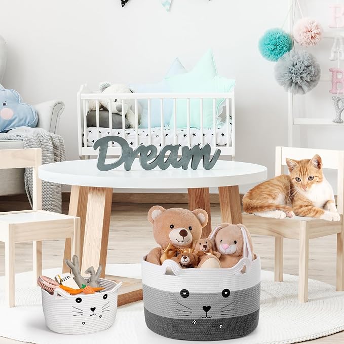 Zopeal Cat Woven Gift Basket Storage,21.7 x 13.8 Inch,Dark Gradient | Cute Cotton Rope Organizer with Handles for Toy Box, Nursery Decor, Decorative Bin, Pet Supplies Holder, Desk Storage