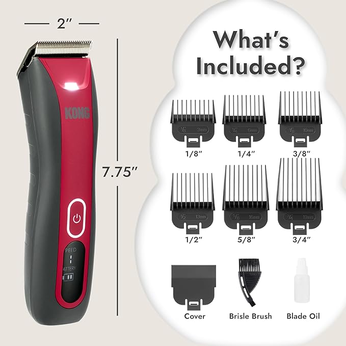 Kong 3-Speed Cordless-Corded Dog Clipper Kit – Stainless Steel Blade, Waterproof, LED Spotlight, Use-While-Charging, 6 Guide Combs, Ergonomic Handle – Red/Gray, All Coat Types
