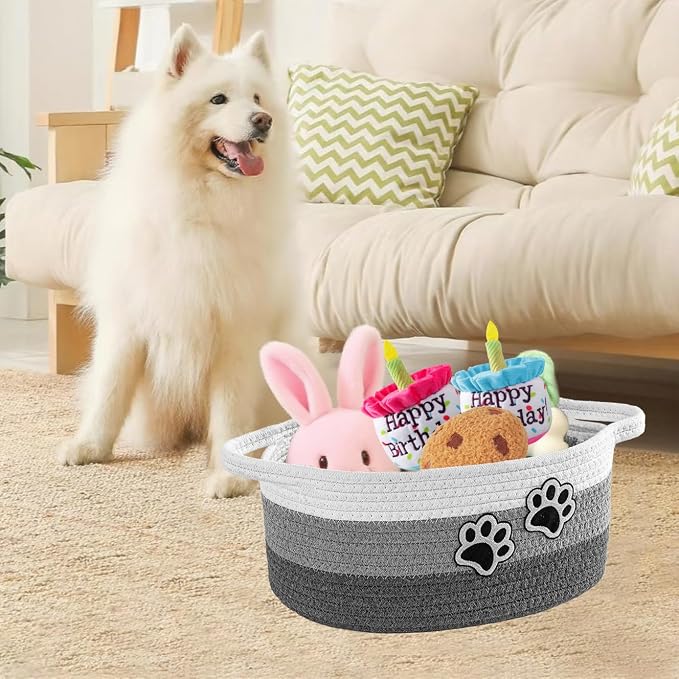 Small Woven Cotton Rope Nursery Organizer Bins, Dog Toy Basket Bins with Handle, Cute Empty Pet Gift Storage Baskets with Paw
