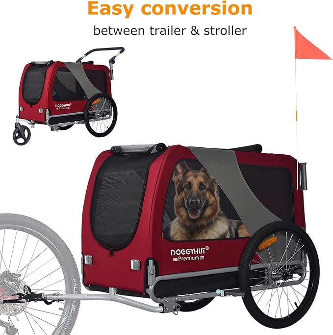 DOGGYHUT® Premium X Large Pet Bike Trailer & Stroller Up to 100 lbs (Red) | Bicycle Trailer for Small Medium or Large Dogs, Dog Bicycle Carrier, Low Center of Gravity, Folding Frame Cart