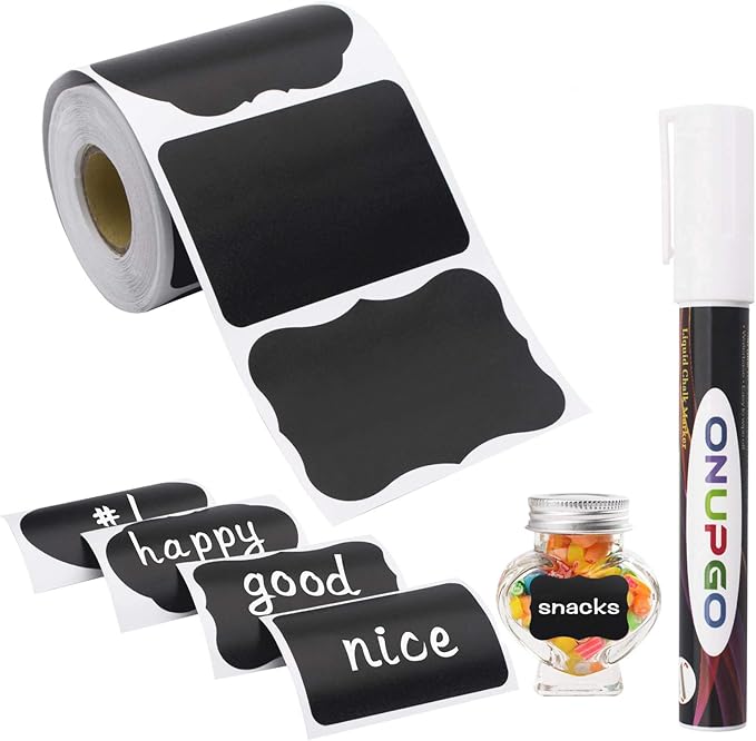 ONUPGO Chalkboard Labels-180pcs Waterproof Reusable Blackboard Stickers with 1 Liquid Chalk Marker for Mason Jars, Parties Decoration, Craft Rooms, Weddings, Storage, Organize Your Home & Kitchen