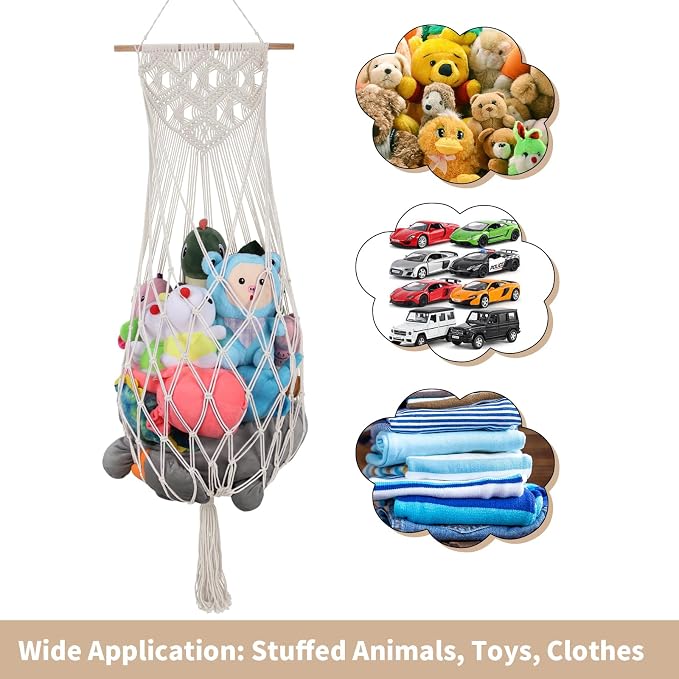 63 Inch Stuffed Animal Storage Hammock Corner, Stuffy Plushie Net,Cream | Wall Ceiling Over Door Hanging Toy Hammock for Stuffed Animals,Plushies Organizer w/ Star Lights,Nursery Kid Room Decor Gift