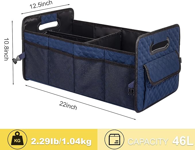Car Trunk Organizer for SUV, Collapsible Car Storage Organizer Dark Blue | Sturdy, Large Capacity, Diamond Decor, Multi Compartment Container Box Adjustable Car Accessories for Sedan Truck