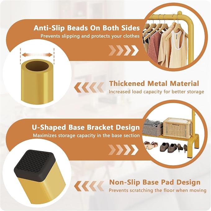 Metal 43.3 Inches Garment Rack with Bottom Shelf Clothing Rack for Hanging Clothes Coats Skirts Shirts Sweaters Gold | Metal 43.3 Inches Garment Rack Clothing Clothes Rack with Bottom Shelf for Hanging Clothes Coats Skirts Shirts Sweaters Gold