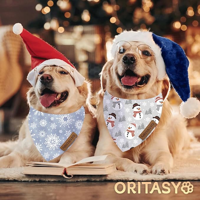 Christmas Snowman Dog Bandanas, 2-Pack Triangle Reversible Snowflakes Pet Scarves, Premium Fabric, Bandana for All Boys Girls Dogs (L, Style 3)