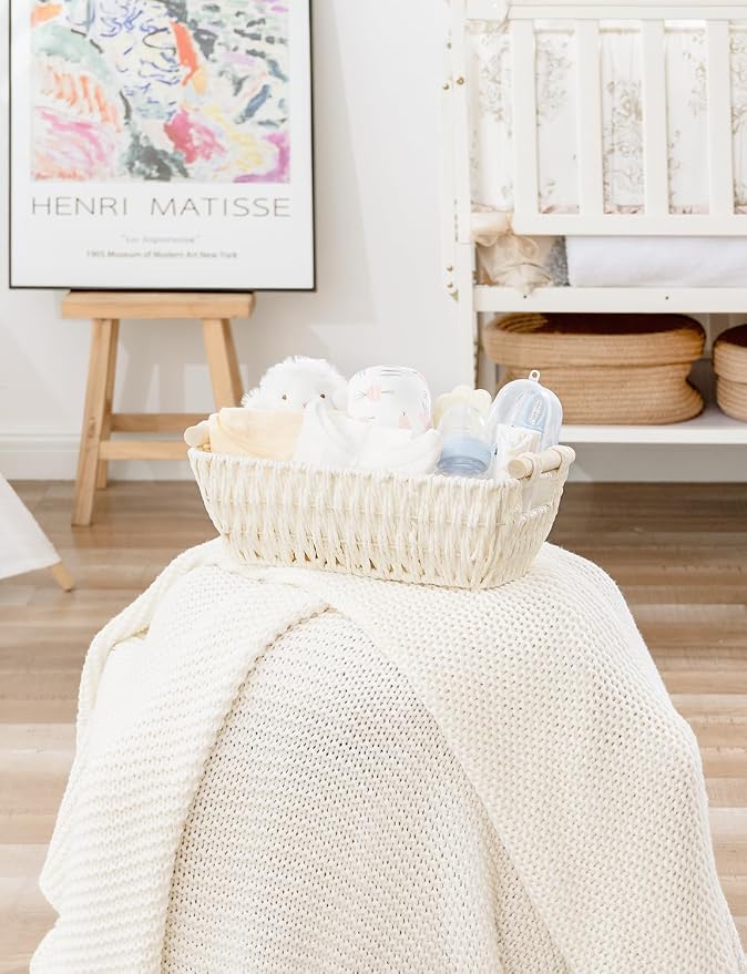 StorageWorks Small Storage Basket, Woven Basket for Shelves, Beige | Wicker Storage Baskets for Shelves, Baskets with Wooden Handles, 2-Pack Gifts Basket for Home Decor, Hand-Woven Basket