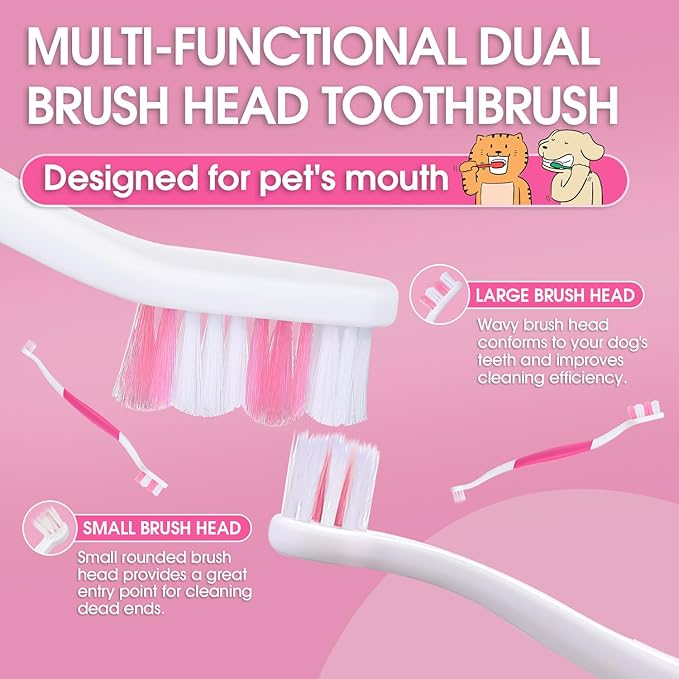 Dog Toothbrush – Newly Upgraded Dual-Head Design with 60° Wavy Bristles – Gently Surrounds Teeth for Deep Cleaning and Plaque Removal – Non-Slip Handle, Ideal for Daily Pet Dental Care (Pink, 2-Pack)