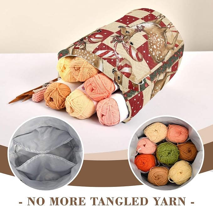 Tatenale Crochet Bag Yarn Bag Knitting Project Bag with Pockets and Handle Portable Yarn Storage Organizer Tangle Free 8.3x11 InchChristmas Deers Checkered Red Candy Canes41