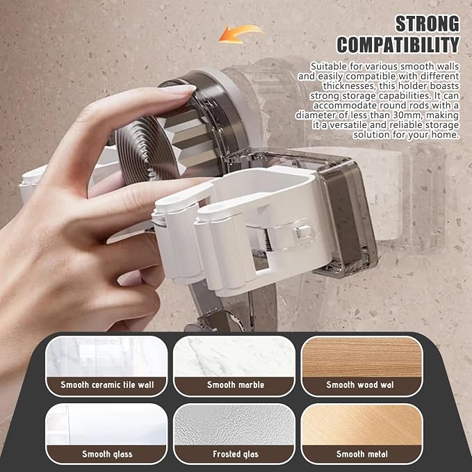 2PCS Suction Cup Broom Holder Wall Mount, No Drill Mop and Broom Organizer with Retractable Towel Rack, Transparent Bathroom Storage, Grey Holder and Mop Wall Mount Hanger Organizer Hanging
