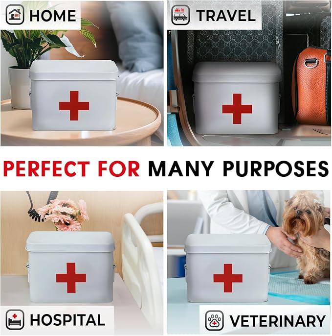 Plexon 8.5" Metal First Aid Box Empty, Medicine Storage Bin with Lid, Emergency Supplies Organizer, Portable First Aid Kit Case, White