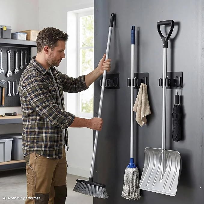 4pcs Magnetic Broom Holder Wall Mount, Black | 12.13lbs Heavy Duty, Mop and Broom Organizer, No Drill Tool Gripper, For Garage Home Office RV & Living Room