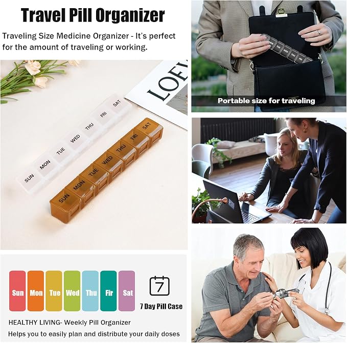 2 Pack Weekly Pill Organizer, Large 7 Day Travel Pill Case (White & Khaki) | Daily Vitamin Case Medicine Box, AM/PM Pill Containers Twice a Day for Medicine Supplements Fish Oil, Portable & Durable