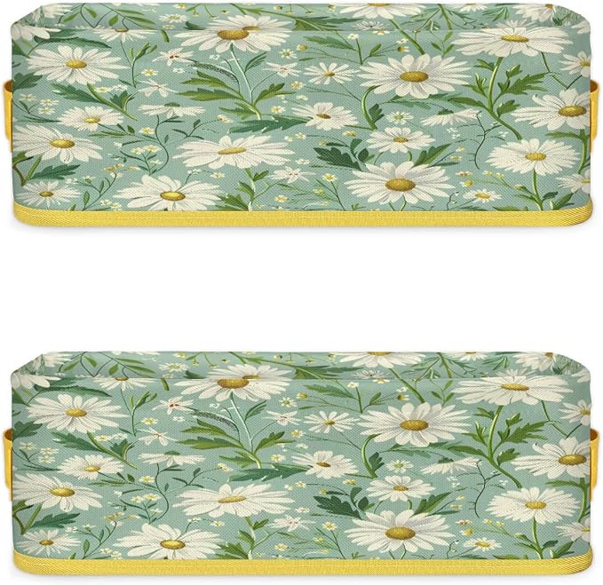 Daisy Green White Flowers Bathroom Storage Basket, Foldable with Handle Open Countertop Paper Towel Decorative Box, Toilet Tank Top Shelf Baskets for Home Closet Bedroom Living Room Office