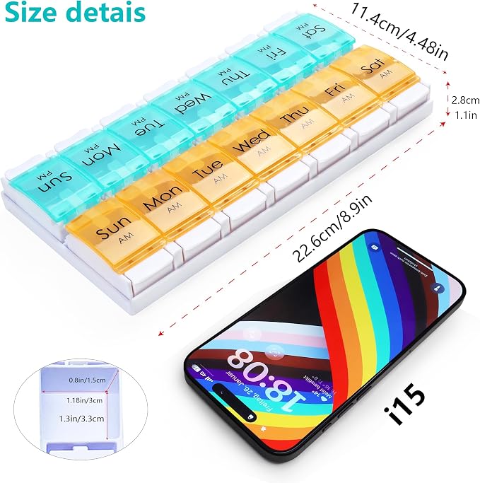 MOLN HYMY Weekly Pill Organizer, AM PM 2 Times a Day, 14 Compartments, Push Button Design, for Medication, Vitamins, Supplements