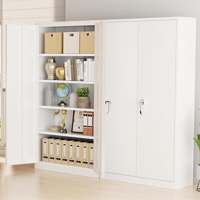 Greenvelly Metal Storage Cabinet - 72" Steel White Cabinet with 2 Doors and 4 Adjustable Shelves, Lockable - Perfect for Garage, Home Office, Pantry