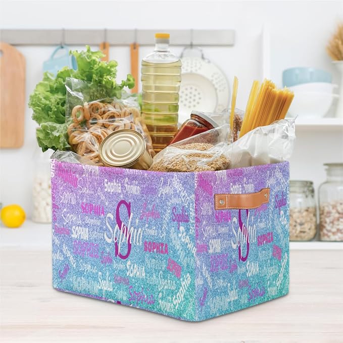 Custom Rectangular Baby Storage Basket, Kids Toys Bin, Books Shelf Basket, Clothes Towel Storage Bin for Nursery, Gift Basket, Pet Basket, Dreamy Pink Blue Glitters Effect Print