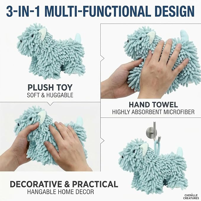 Cute Dog Chenille Hand Towel, 3D Fuzzy Puppy Hangable Ball Hand Towel Microfiber Super Soft Absorbent Bathroom & Kitchen Towels with Hanging Loop, Can Be Placed on the Sink Countertop (Green)