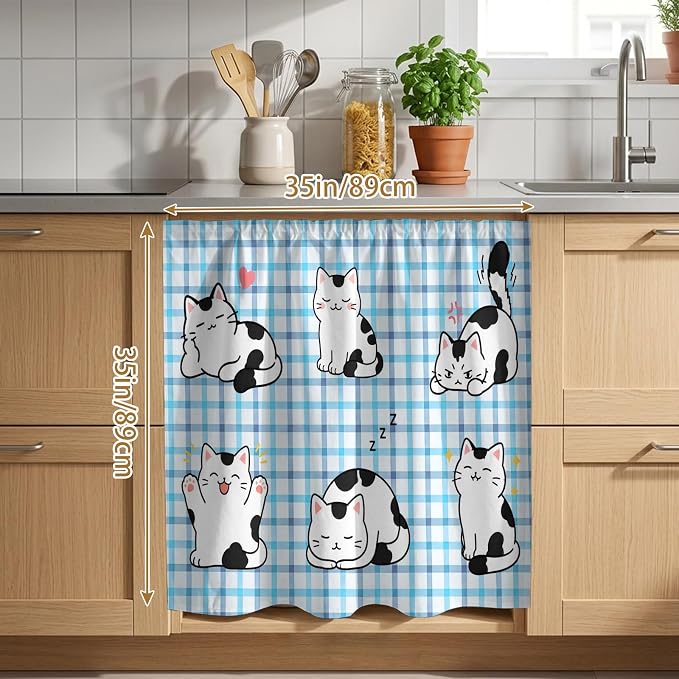 Cute Cat Cabinet Curtain 35"Wx35"L, Dustproof Under Sink Skirt with Self Adhesive Tape, Modern Playful Pet Cats Blue Purple Plaid Cabinet Curtain Cover for Kitchen Sink, Bathroom Vanity, Laundry Room