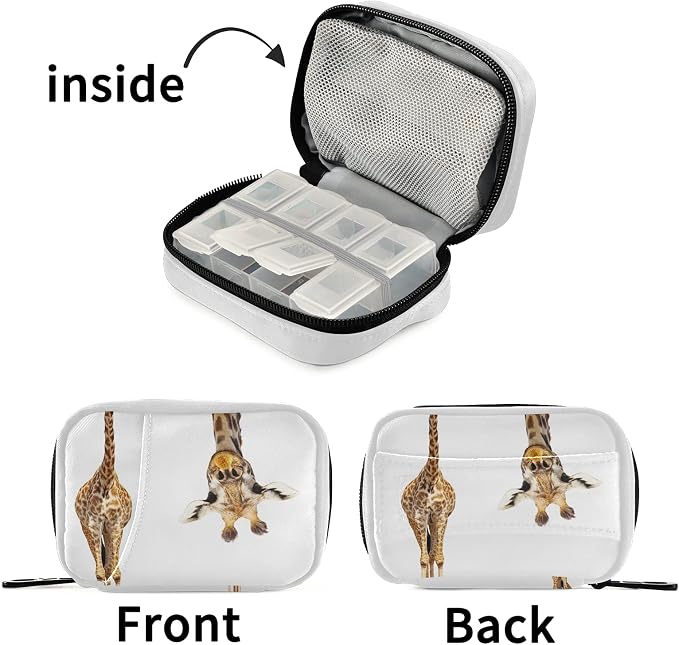 Funny Giraffe Pill Box 7 Day Pill Case Travel Pill Organizer Bag with Zipper Portable Weekly Case Compact Size for Vitamin Supplement Holder