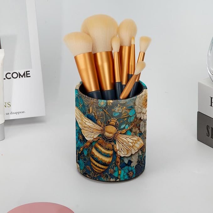 Faux Leather Pen Holder for Desk, Pencil Organizer Cute Bee Pen Cup Desk Decor Makeup Brush Holder Storage for Office Home