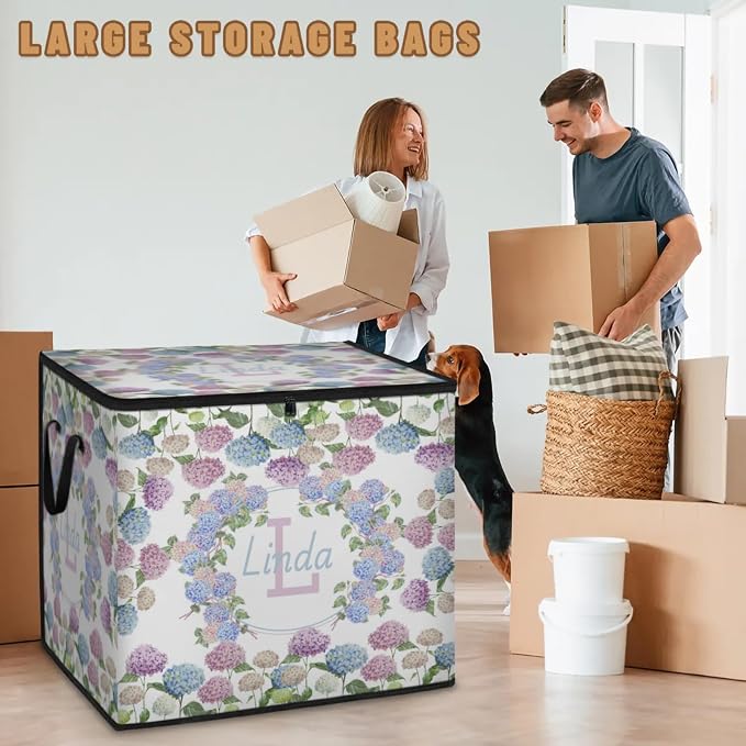 Custom Extra Large Storage Baskets with Lid, Personalized Initial Letter Storage Bins Basket Boxes Handles Clothes Blanket Bedroom Closet Organizing Shelves, Watercolor Blue Pink Hydrangea Floral