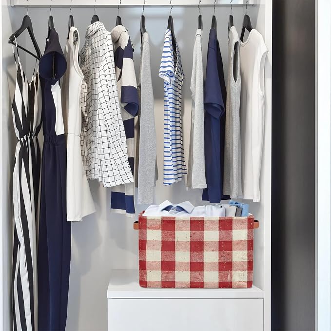 Storage Basket Classic Checkered Storage Cube Box Durable Canvas Collapsible Toy Organizer Bin with Handles for Shelf Closet Bedroom Home Office