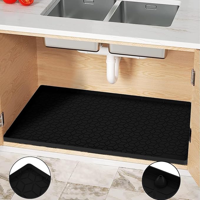 Under Sink Mat 10"x16" Under Sink Mats for Kitchen, Silicone Waterproof Under Sink Liner, Sink Cabinet Organizer Tray with Drain Hole