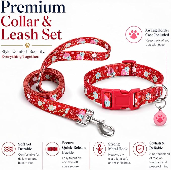 Floral Matching Dog Collar and Leash Set with AirTag Holder-Red Daisy/L | Anti-Lost,Adjustable Durable Pet Collar Leash Combo for Large Boy Girl Dogs,for Outdoor Walking Hiking Training Running