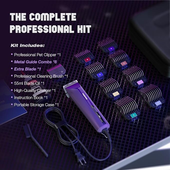 AmpFix Professional Dog Grooming Clippers - 2 Detachable Blade 8 Metal Combs, 2-Speed Heavy-Duty Motor, 10ft Cord, Anti-Slip Shatter-Proof Housing for Pet All Coats