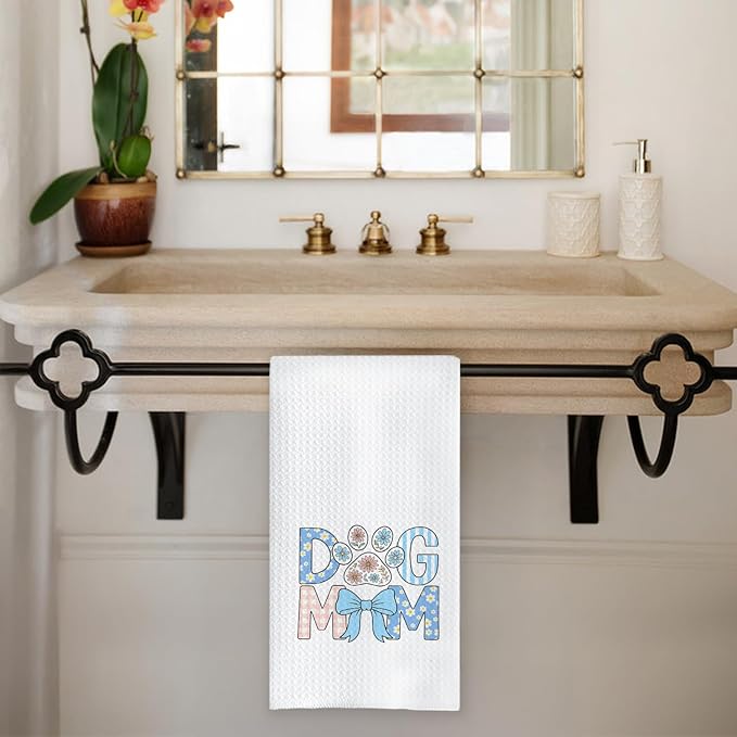 Chicimln Blue Bow Dog Mom Kitchen Towels, Dog Mom Gifts for Women Decorative Hand Towels for Bathroom, Dogs Lover Gifts Dish Tea Towel Drying Cloth for Kitchen Decor, 16x24 Inch