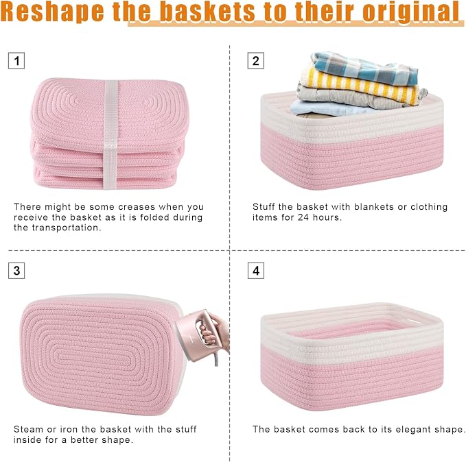 OIAHOMY 4 PACK 7L Storage Baskets for Organizing Storage Bins Pink | Small Bins for Shelves Small Storage Basket Shelf Baskets Organizer Baskets for Gifts Empty Cute Decorative Storage Bins