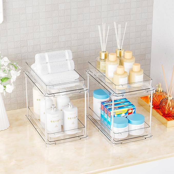 2 Pack 10.6″ High Pull Out Medicine Cabinet Organizer for Vitamin,Pill Bottle and Supplement,2 Tier Slide out Under the Sink Organizer,Bathroom Vanity Storage and Cupboard Undersink Organizers