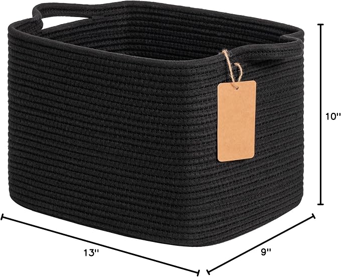 Goodpick Woven Rope Storage Basket for Shelves, Rectangle, Black | 13" × 10" × 9" Stylish Gift Basket for Home Decor, Cotton Rope Baskets for Toys, Towels & Books Storage, Reinforced Handles