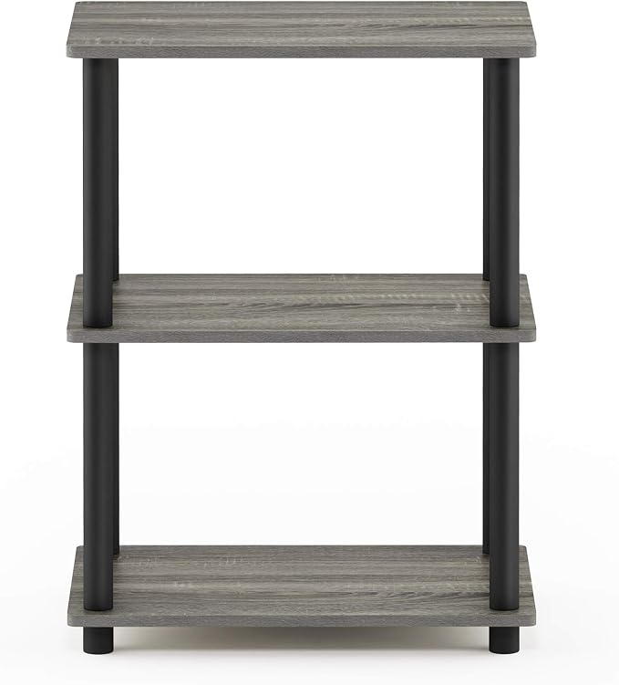 Furinno Turn-N-Tube No Tool 3-Tier Storage Shelf, Narrow, French Oak Grey/Black | Book Shelf, Corner Shelf, Open Shelves, for Organization, Living Room, Garage, Home Office