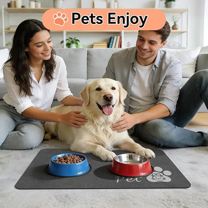 Dog Cat Feeding Mat-Absorbent Pet Bowl Mat for Food and Water, Quick Dry Water Dispenser Mat for Floors with Waterproof Rubber Backing, Large Dogs Placemat Mats for Messy Drinkers,17"x27",Dark Grey