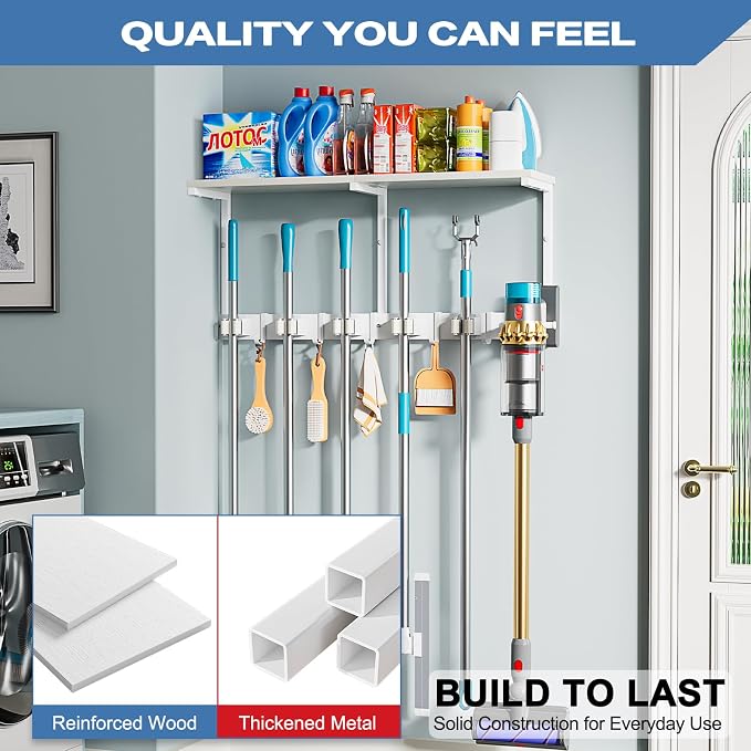 Broom Holder Wall Mount with Cleaning Supplies Organizer, Laundry Room Organization and Storage Shelf with Mop Hanger Rack Gripper Hooks, Utility Shelf Closet Organizer Floating Shelves for Garage
