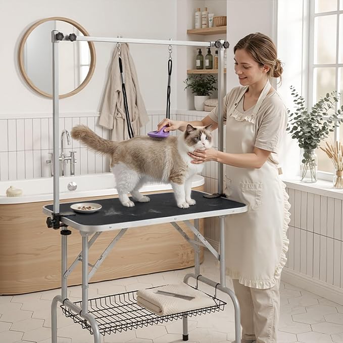 VINGLI Dog Grooming Table, Adjustable Cat Grooming Desktop with Arms and Storage Basket, Pet Grooming Stand at Home (Black, 36 inch)