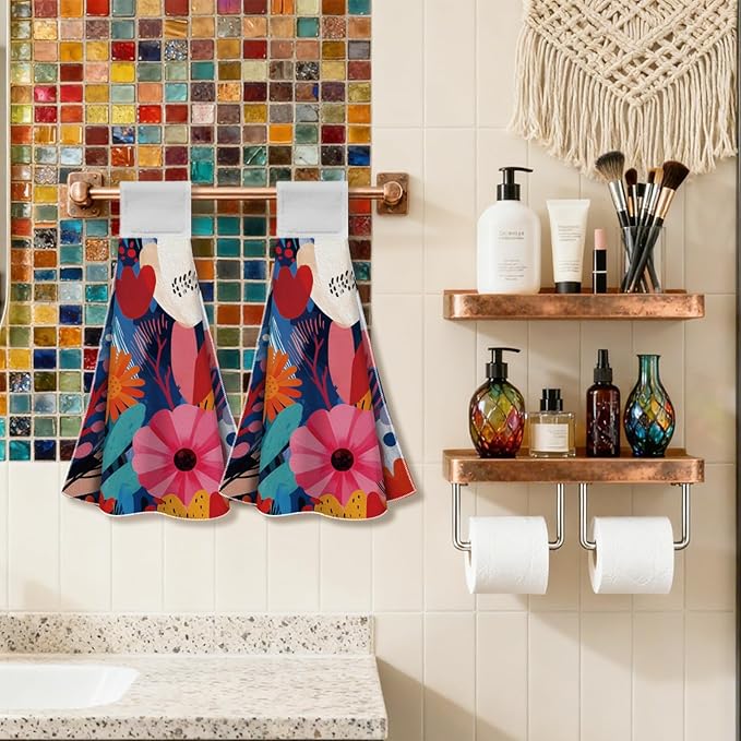 CUTHOLLOW Abstract Flowers Hanging Kitchen Towels with Loop, Set of 2 - Soft & Super Absorbent Microfiber Decorative Hanging Dish & Hand Towel, Tea, Coffee Towel for Kitchen Bathroom Oven Handle