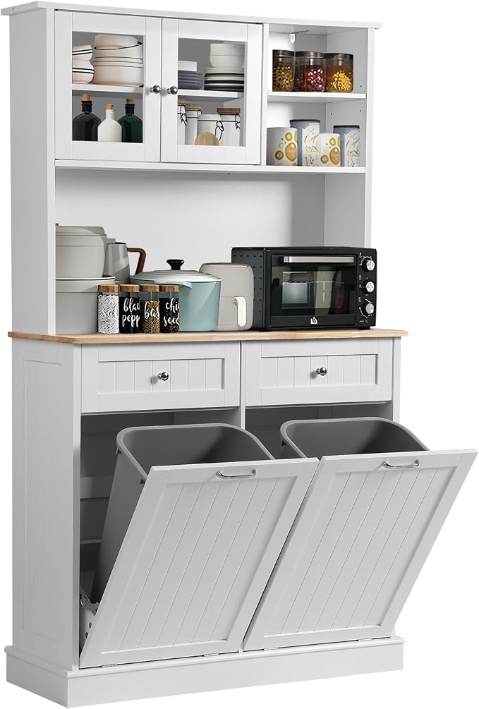 LOUVIXA 68.4" Kitchen Pantry Storage Cabinet, Freestanding Cupboard with Shelf, 2 Drawers and 1 Tilt Out Trash Cabinet, Tall Cabinets for Kitchen, Dinning Room, Living Room (White, Double Tilt)