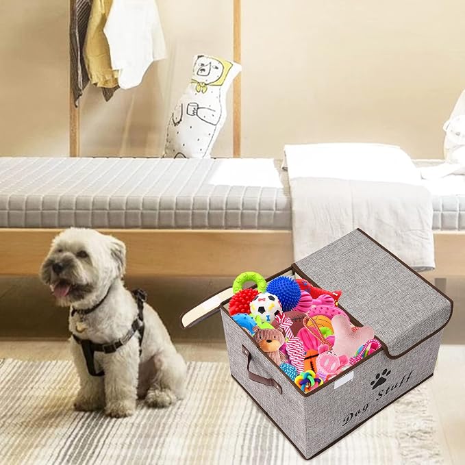 Large Storage Boxes - Linen Fabric Foldable Cubes Bin Containers With Lid and Handles for Dog Apparel, Accessories, Coats, Toys, and Clothing (Grey)