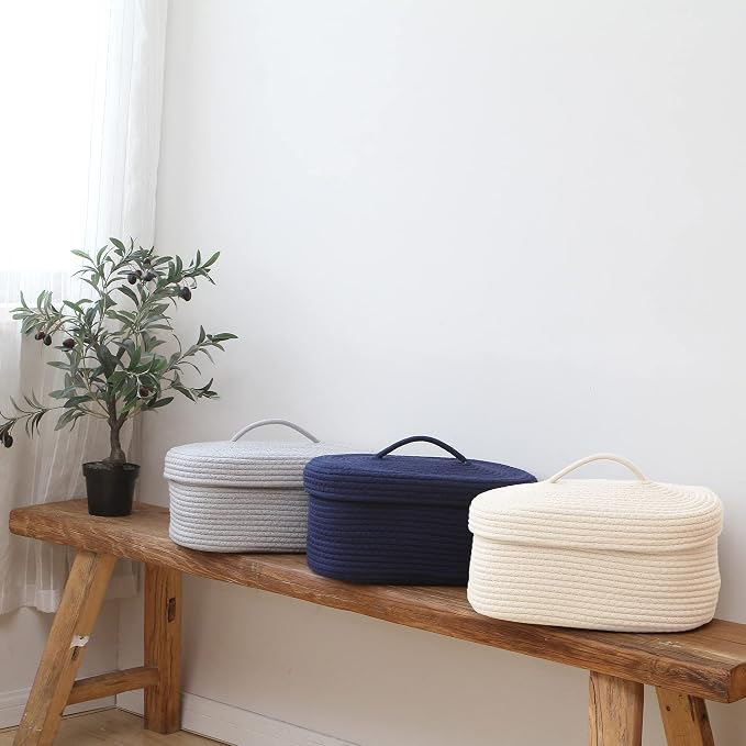 Sea Team Oval Storage Basket, Woven Cotton Rope Basket with Lid, Cream | Decorative Knitted Storage Bin, Multi-Purpose Lidded Organizer for Closet Shelves, Nursery and Household Storage