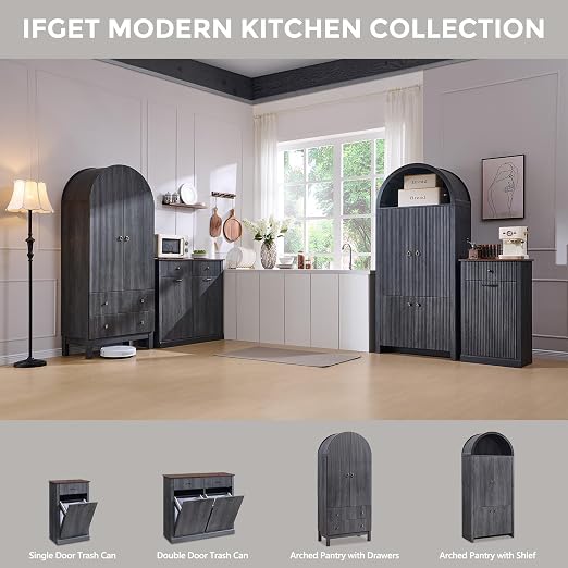 IFGET Triple Tilt Out Trash Can Cabinet, Modern Fluted Laundry Hamper Cabinet with 3 Drawers, 20 Gallon Hidden Wooden Garbage Can Cabinet w/Storage Basket & Adjustable Shelf, for Kitchen, Grey