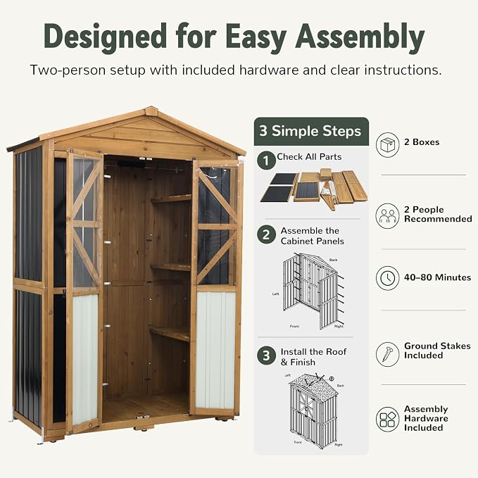 Ketive Outdoor Storage Cabinet, 72-Inch Tall, with Adjustable Shelves | Fir wood frame, metal panels, sloped asphalt roof, hooks and ground stakes for patio and backyard organization.